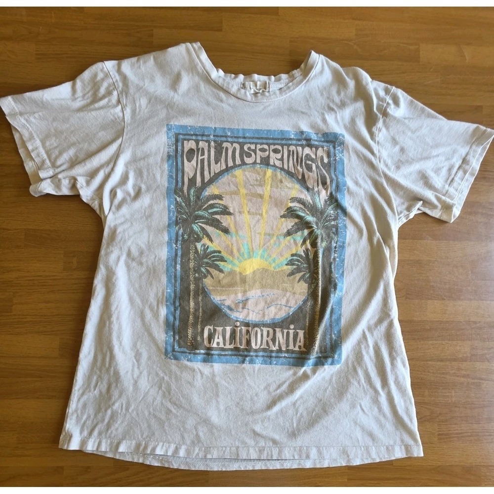 Altar'd State Palm Springs CA Graphic T-Shirt Distressed Boho Tee Beige Medium